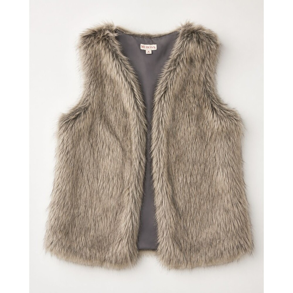 Merona Women’s M Gray Shaggy Open Front Vest Lined Sleeveless Cozy Layering